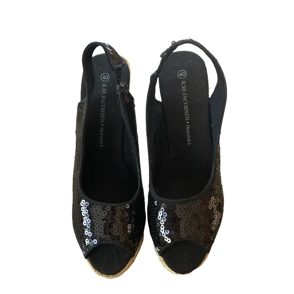 Ilse Jacobsen Size 40US Size 9.5-10 Black Danish Made Sequined Espadrille Wedges
